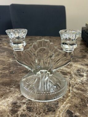 Clear glass "Iris" pattern Depression glass double candelabra